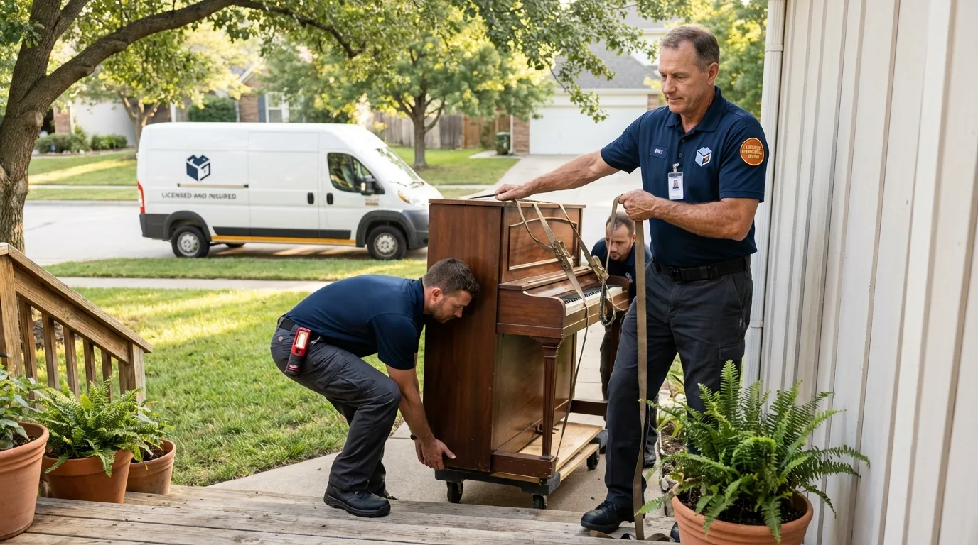 Licensed piano movers securing grand piano in Centreville, MS