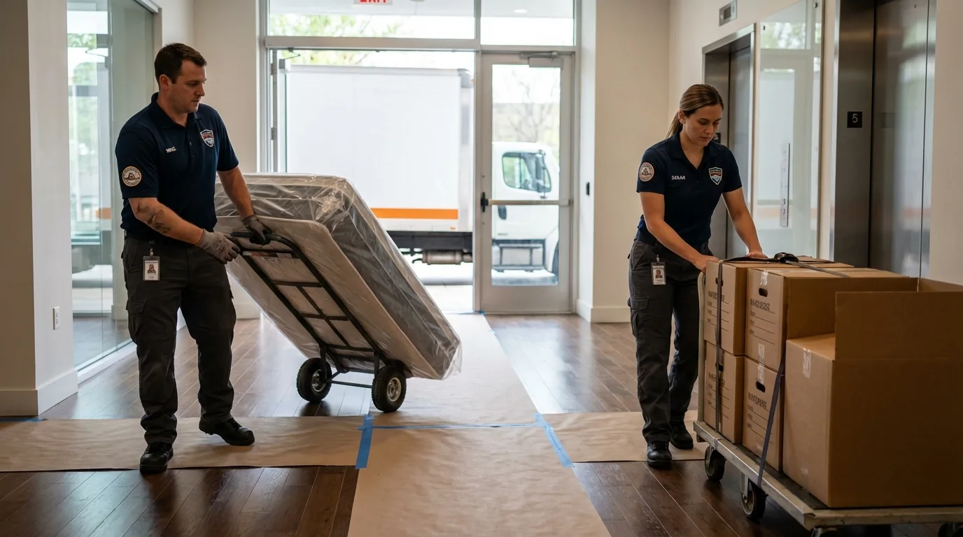 Professional apartment movers loading elevator in Centreville, MS